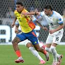 Colombia's midfielder #06 Richard Rios fights for the ball with Uruguay's midfielder #15 Federico Valverde during the Conmebol 2024 Copa America tournament semi-final football match between Uruguay and Colombia at Bank of America Stadium, in Charlotte, North Caroline on July 10, 2024. (Photo by JUAN MABROMATA / AFP)