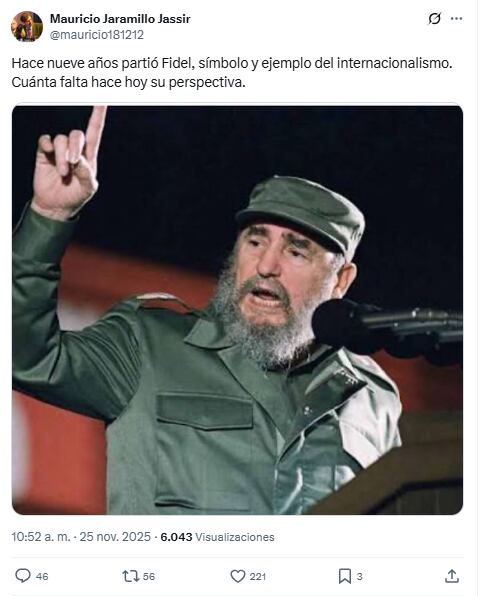 Mauricio Jaramillo elogió por X a Fidel Castro.