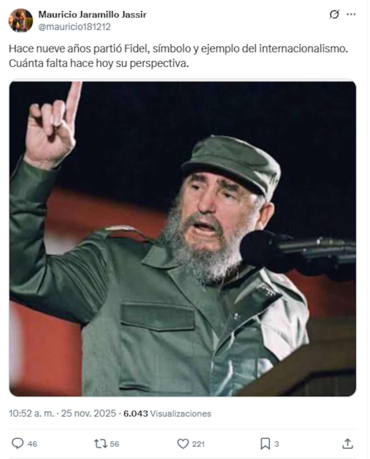 Mauricio Jaramillo elogió por X a Fidel Castro.