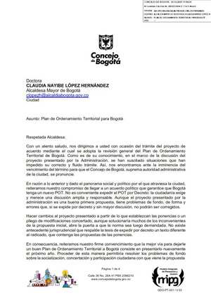 Carta de 15 concejales de Bogotá a la alcaldesa Claudia López pidiendo que no emita el POT por decreto
