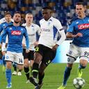 NAPLES, ITALY - DECEMBER 10: Jhon Lucumí of KRC Genk competes for the ball with Arkadiusz Milik and Dries Mertens of SSC Napoli during the UEFA Champions League group E match between SSC Napoli and KRC Genk at Stadio San Paolo on December 10, 2019 in Naples, Italy. (Photo by MB Media/Getty Images)