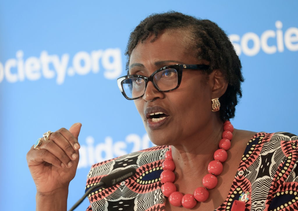 22 July 2024, Bavaria, Munich: Winnie Byanyima from Uganda, sits at a press conference at the 25th World AIDS Conference. Photo: Karl-Josef Hildenbrand/dpa (Photo by Karl-Josef Hildenbrand/picture alliance via Getty Images)