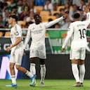 Vinicius celebra con Mbappé, Mendy y Brahim Díaz.