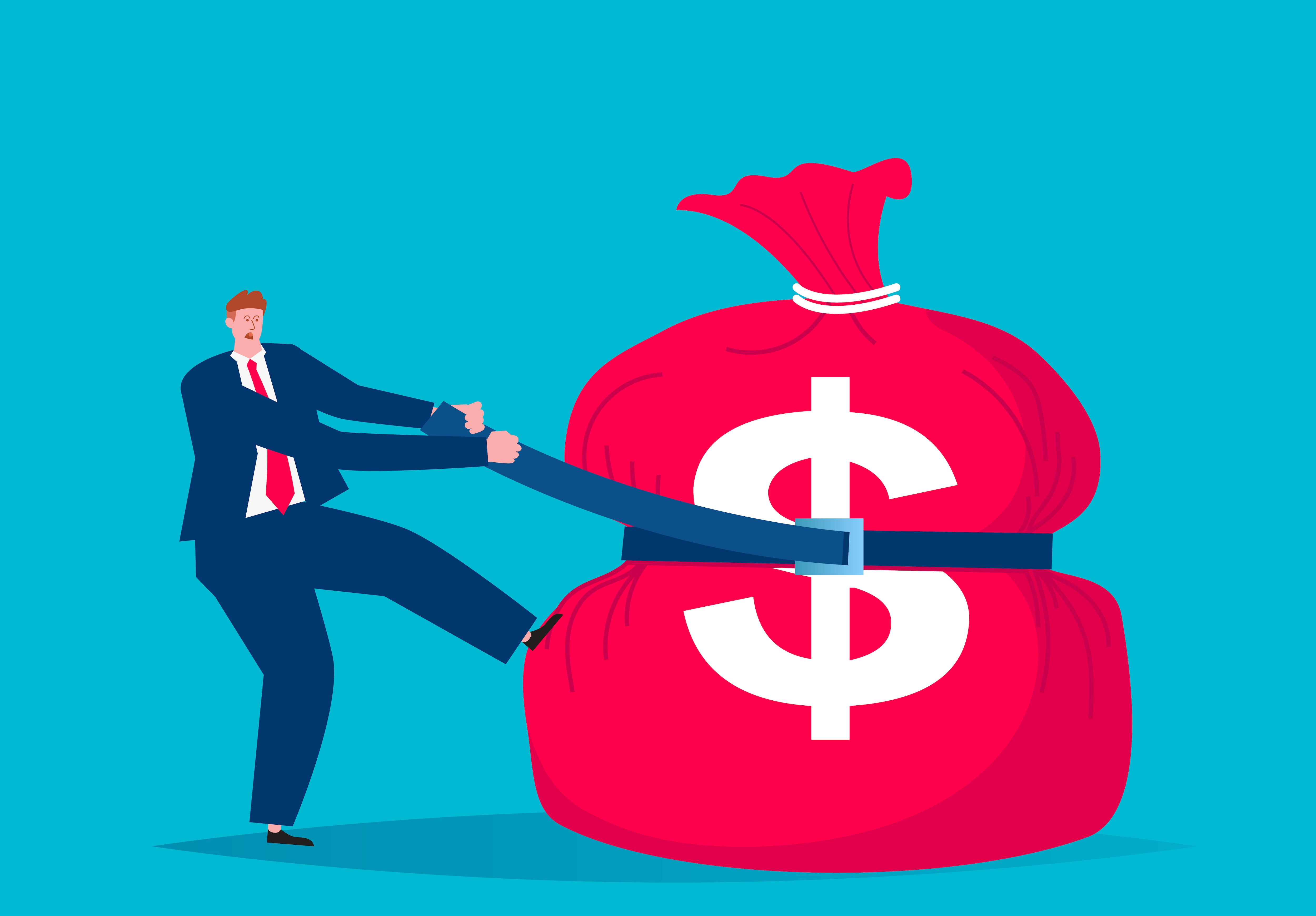 Businessman tightening the waistband of the money bag to cut expenses, concept illustration of poverty