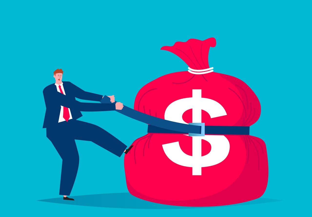 Businessman tightening the waistband of the money bag to cut expenses, concept illustration of poverty