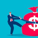 Businessman tightening the waistband of the money bag to cut expenses, concept illustration of poverty