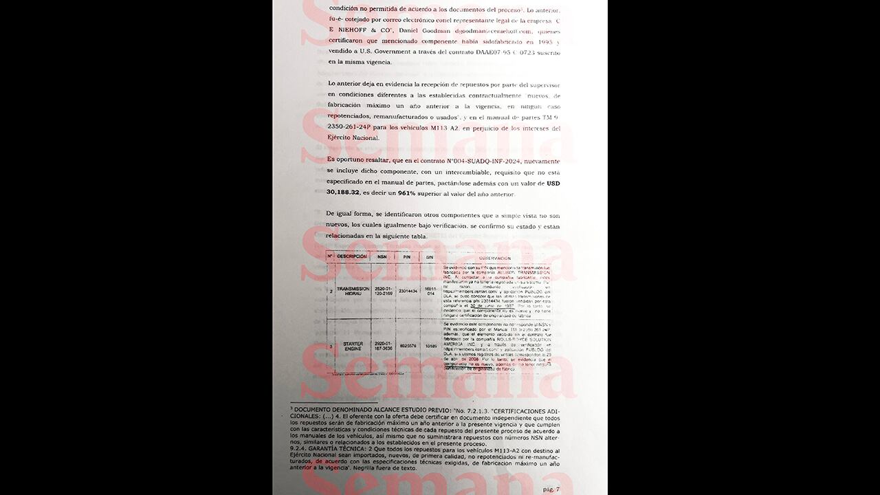 En este documento, la inspección de las Fuerzas Militares encontró que el Ejército habría comprado el mismo repuesto en dos contratos por un valor de 30.188 dólares.