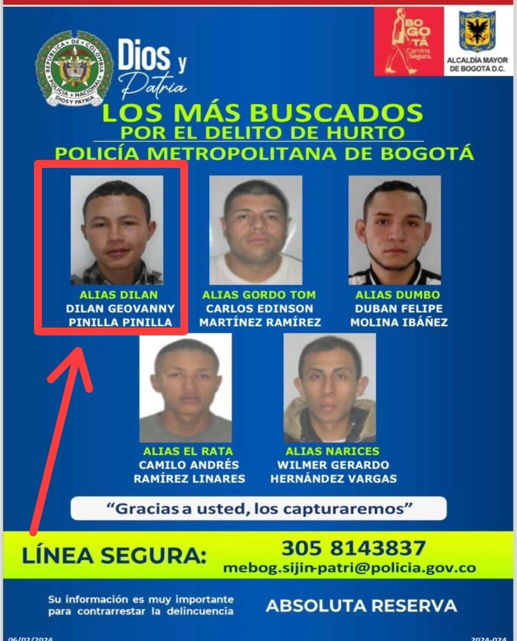 Cartel de los más buscados por hurto en Bogotá.