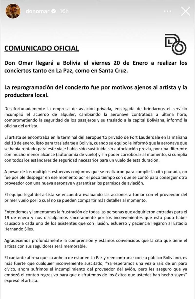 Comunicado de Don Omar sobre la situación en Bolivia