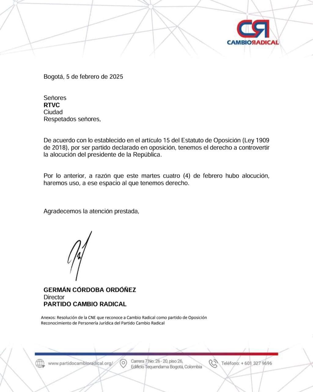 Esta es la carta donde Cambio Radical solicita su derecho a réplica.