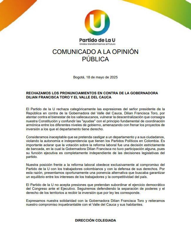 Partido de la U rechaza los señalamientos de Gustavo Petro contra Dilian Francisca Toro.