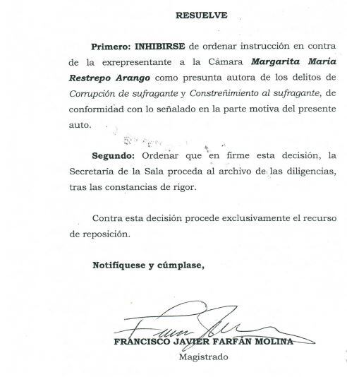 Auto de la Corte Suprema en el que se inhibe de investigar a la exrepresentante a la Cámara, Margarita Restrepo.