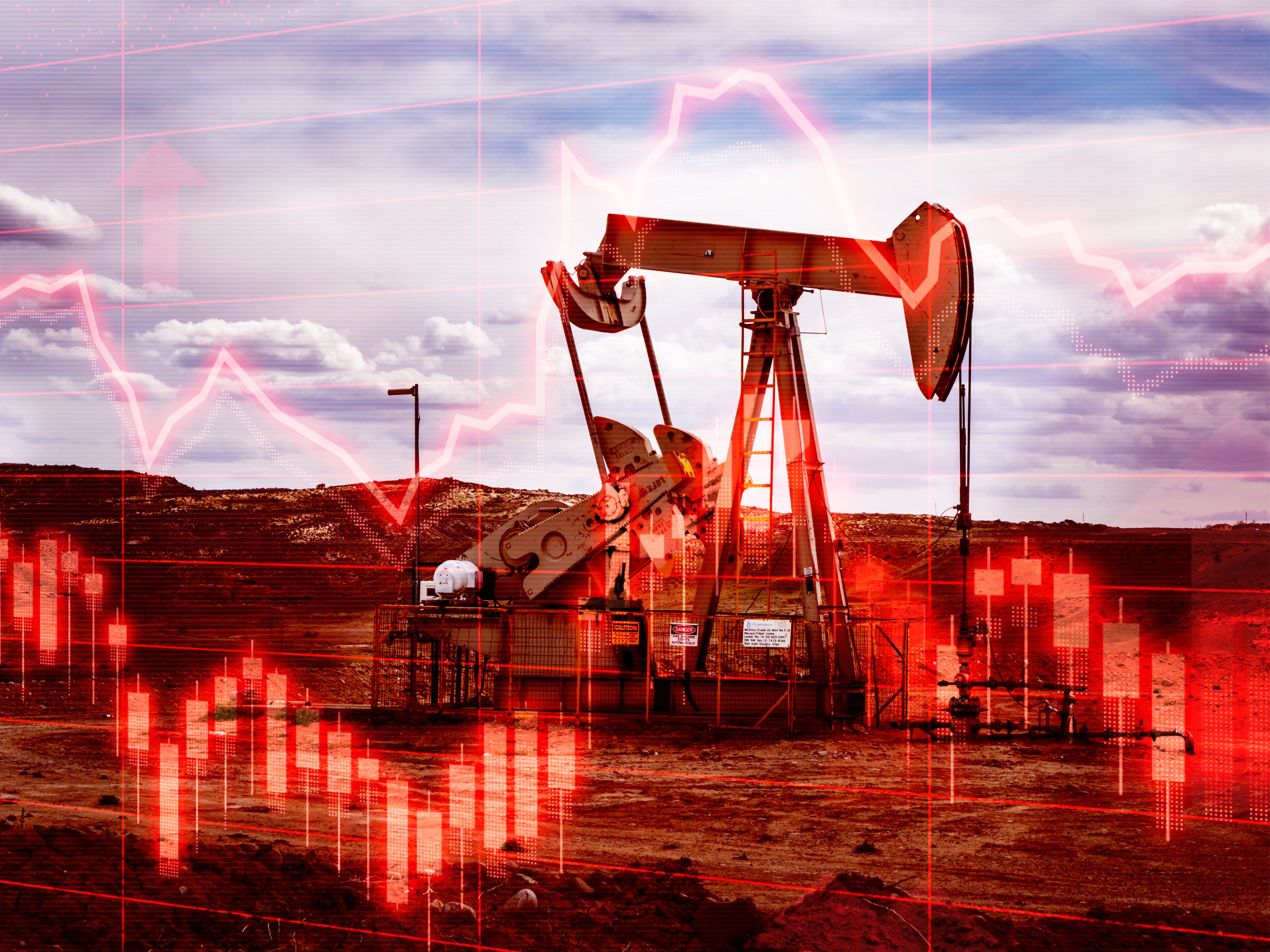 Nodding Donkey Oil Rig Pump on the background of rising stock market style charts and candles. Concept piece to show how rising Crude Oil prices and Supply chain issues is negative to the economy and inflation