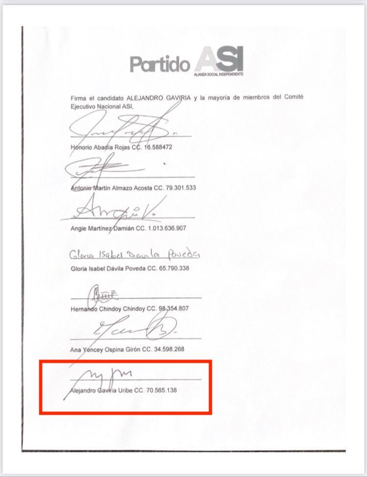 Las firmas del comunicado que anunciaba la supuesta alianza entre Alejandro Gaviria y el Partido ASI.