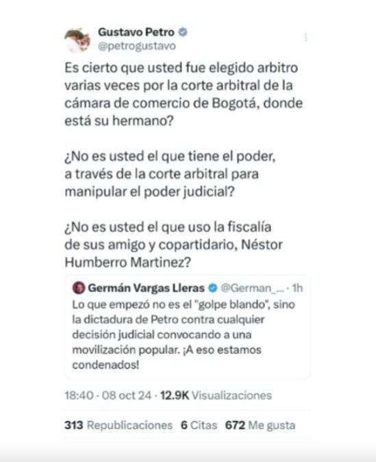 Publicación de Gustavo Petro contra Germán Vargas Lleras.