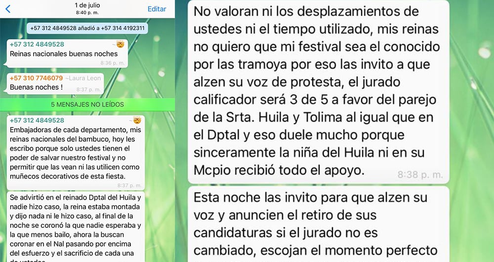 Pantallazos del grupo de WhatsApp en el que fueron incluidas las candidatas al Reinado del Bambuco, el cual fue creado el 01 de julio de 2021: 3 días antes que iniciara oficialmente el certamen. Allí se revela que Tolima y Huila serían las ganadoras, pues ya estaba arreglado. El resultado de la coronación fue el mismo.