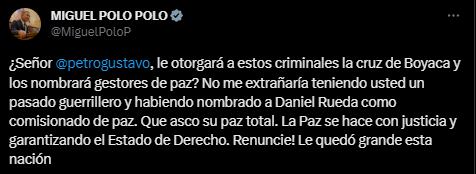Trino de Miguel Polo Polo criticando al presidente Petro.