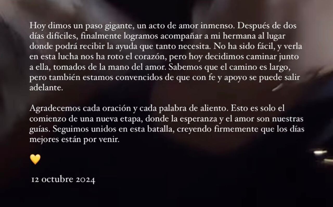 Hermana de Angélica Jaramillo compartió mensaje sobre la rehabilitación de la modelo.