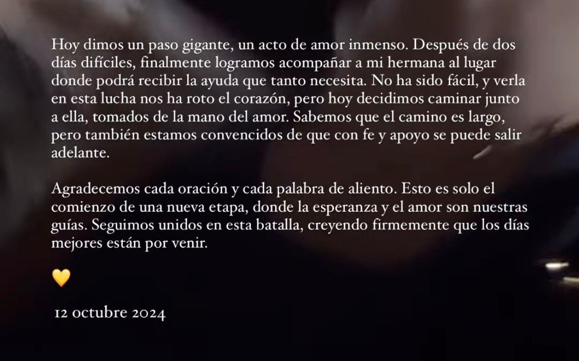 Hermana de Angélica Jaramillo compartió mensaje sobre la rehabilitación de la modelo.