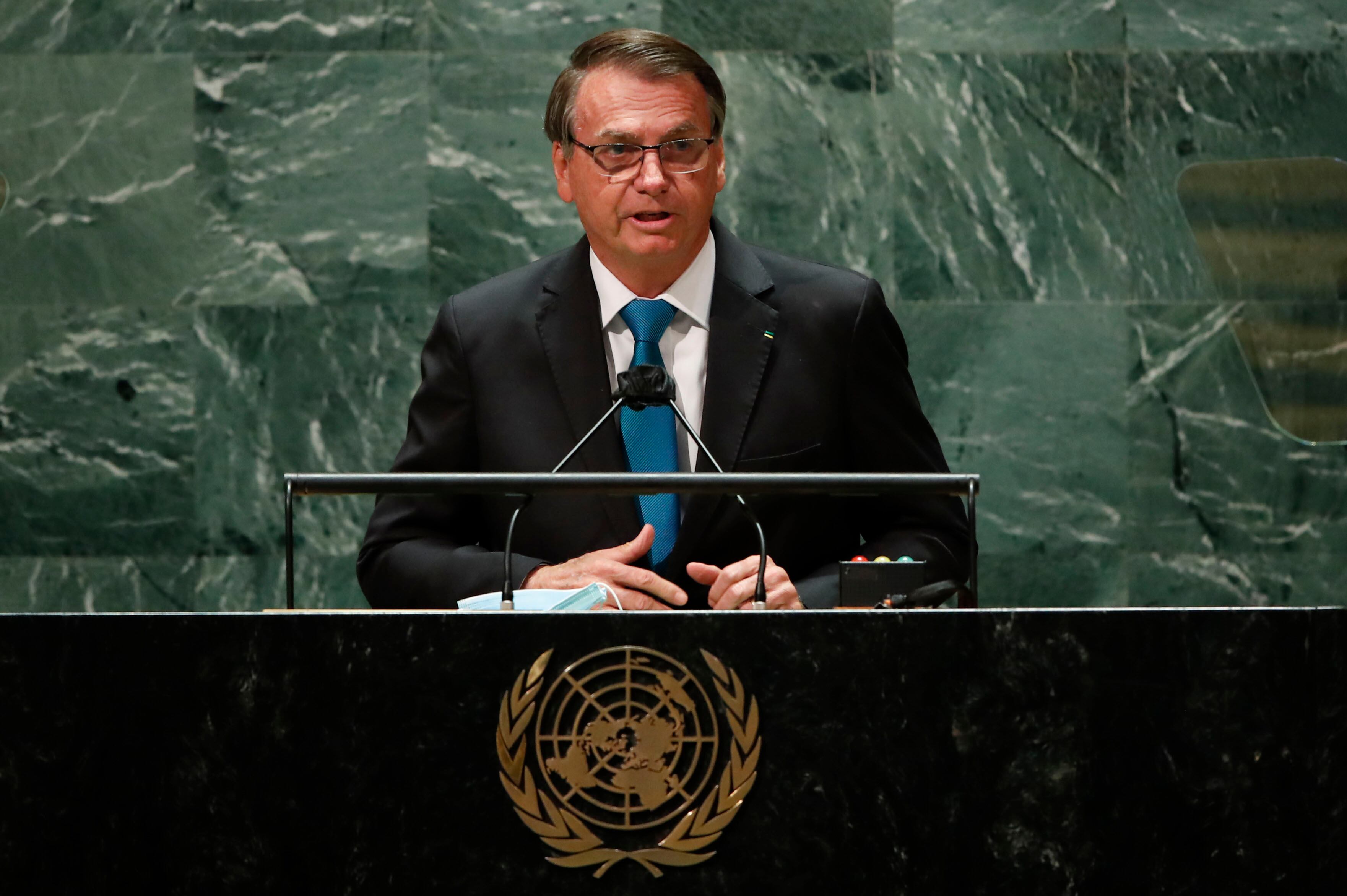 El presidente de Brasil, Jair Bolsonaro, se dirige a la 76.a sesión de la ONU. Asamblea General, martes, sept. 21 de febrero de 2021, en la sede de las Naciones Unidas en Nueva York. (Eduardo Munoz/Pool Photo via AP)