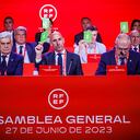 Pedro Rocha, a la izquierda de Luis Rubiales, lo reemplazará durante la suspensión.