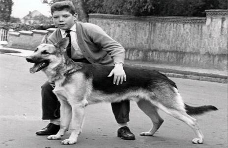 A los 13 años posa con Cazán, el pastor alemán que lo acompañó en su infancia y lo defendió de sus hermanos mayores.