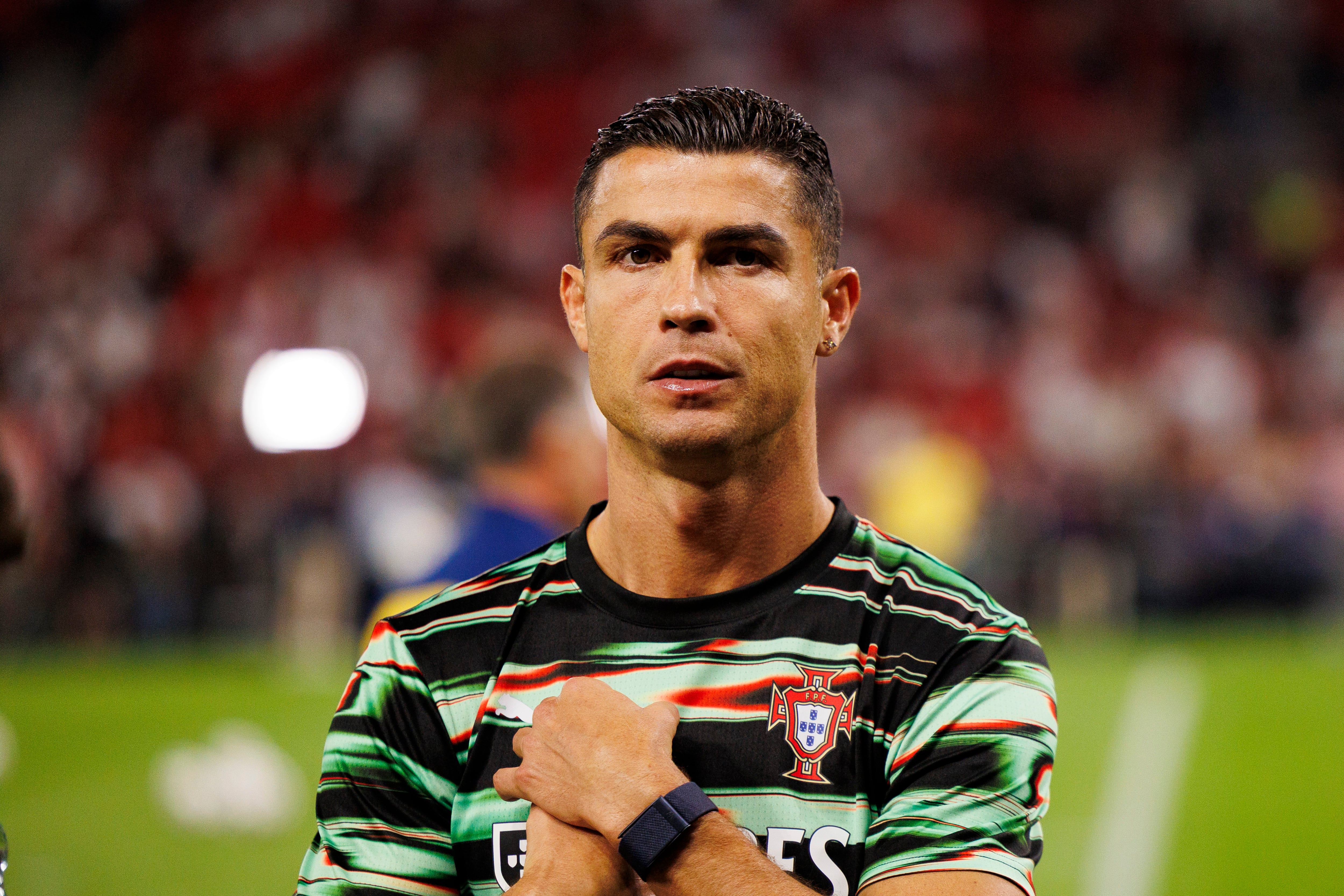 BUDAPEST, HUNGARY - SEPTEMBER 9: Cristiano Ronaldo of Portugal warming up prior to the FIFA World Cup 2026 qualifier match between Hungary and Portugal at Puskas Arena on September 9, 2025 in Budapest, Hungary. (Photo by Maciej Rogowski/Eurasia Sport Images/Getty Images)