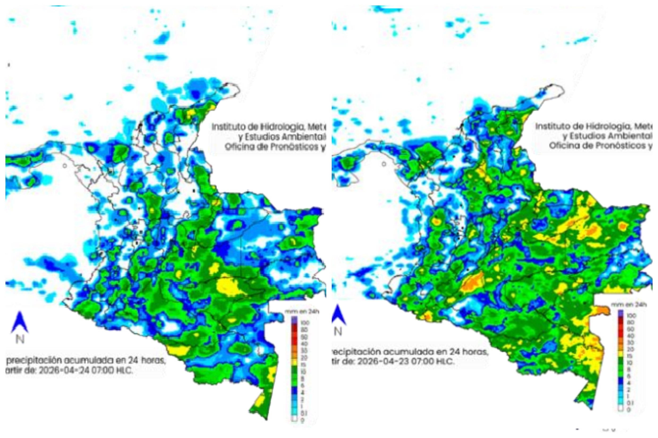 Mapa climático del jueves 23 y viernes 24 de abril del Ideam.