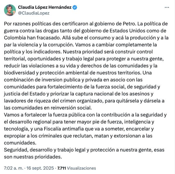 El mensaje de Claudia López.