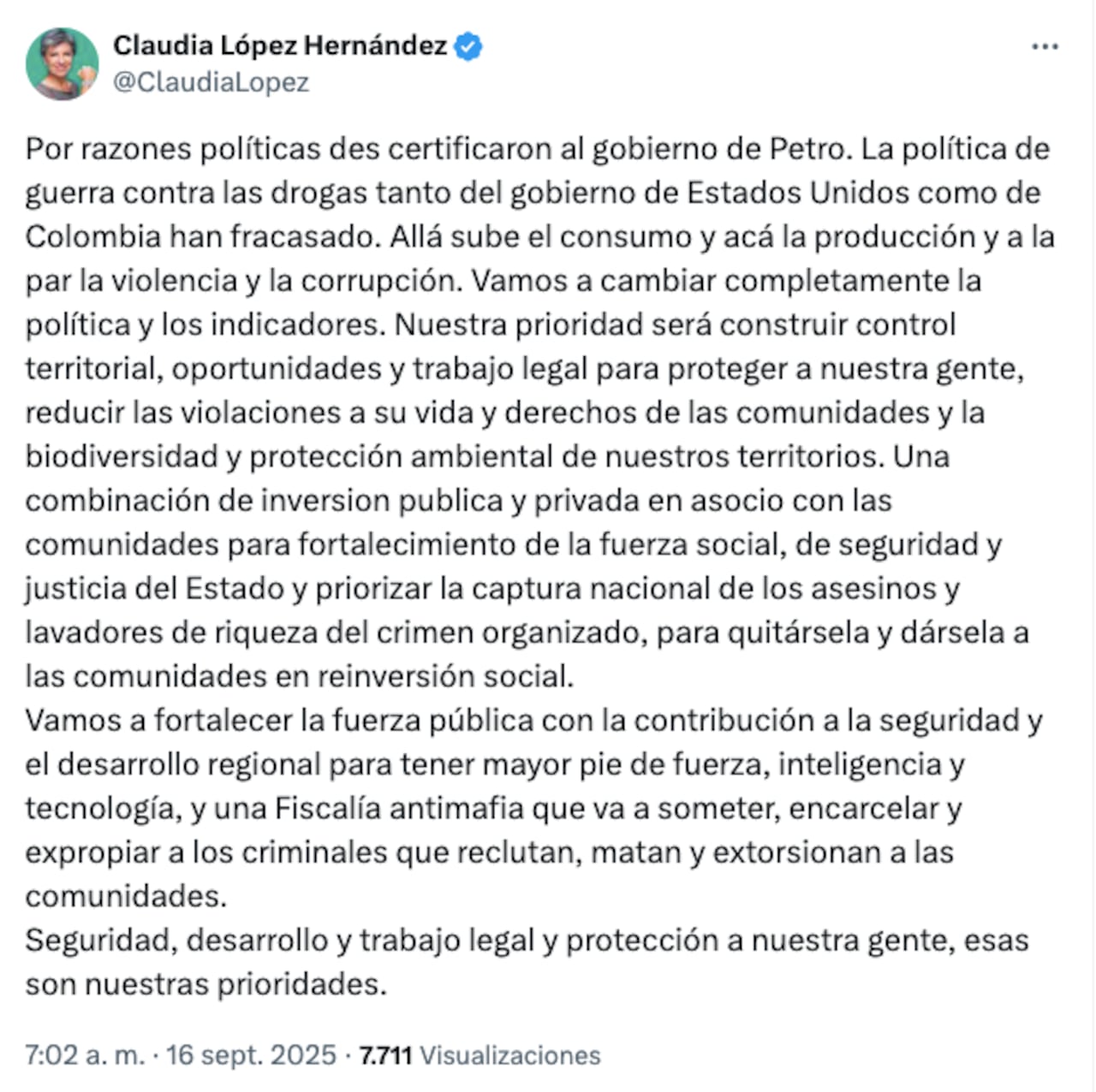 El mensaje de Claudia López.
