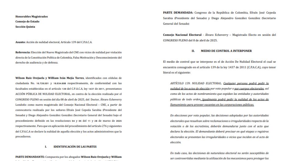 Demanda de nulidad por elección de nuevo magistrado del Consejo Nacional Electoral.