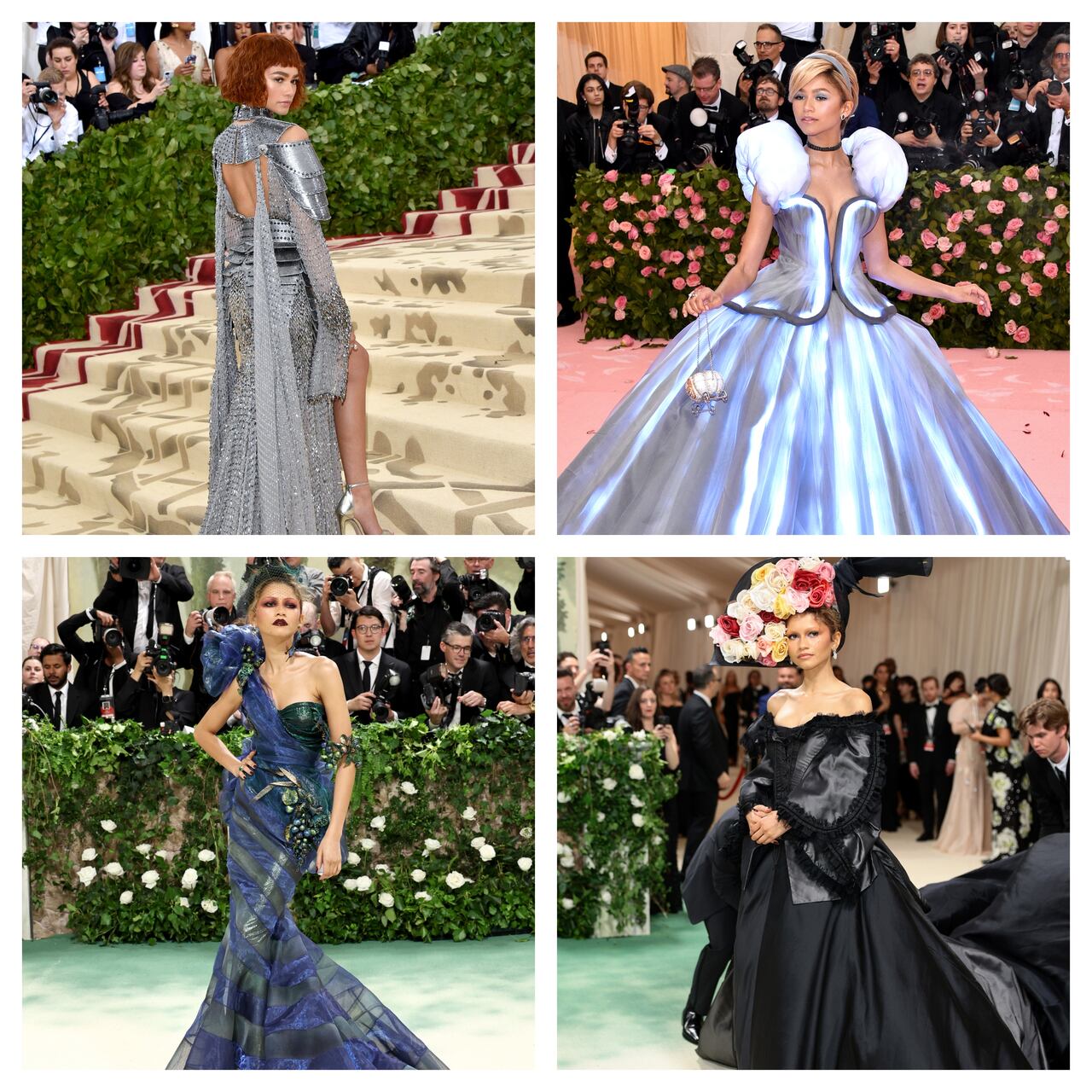Collage con los looks más icónicos de Zendaya en la Met Gala: armadura de Juana de Arco en 2018, vestido iluminado de Cenicienta en 2019 y diseño de colibrí de Maison Margiela en 2024.