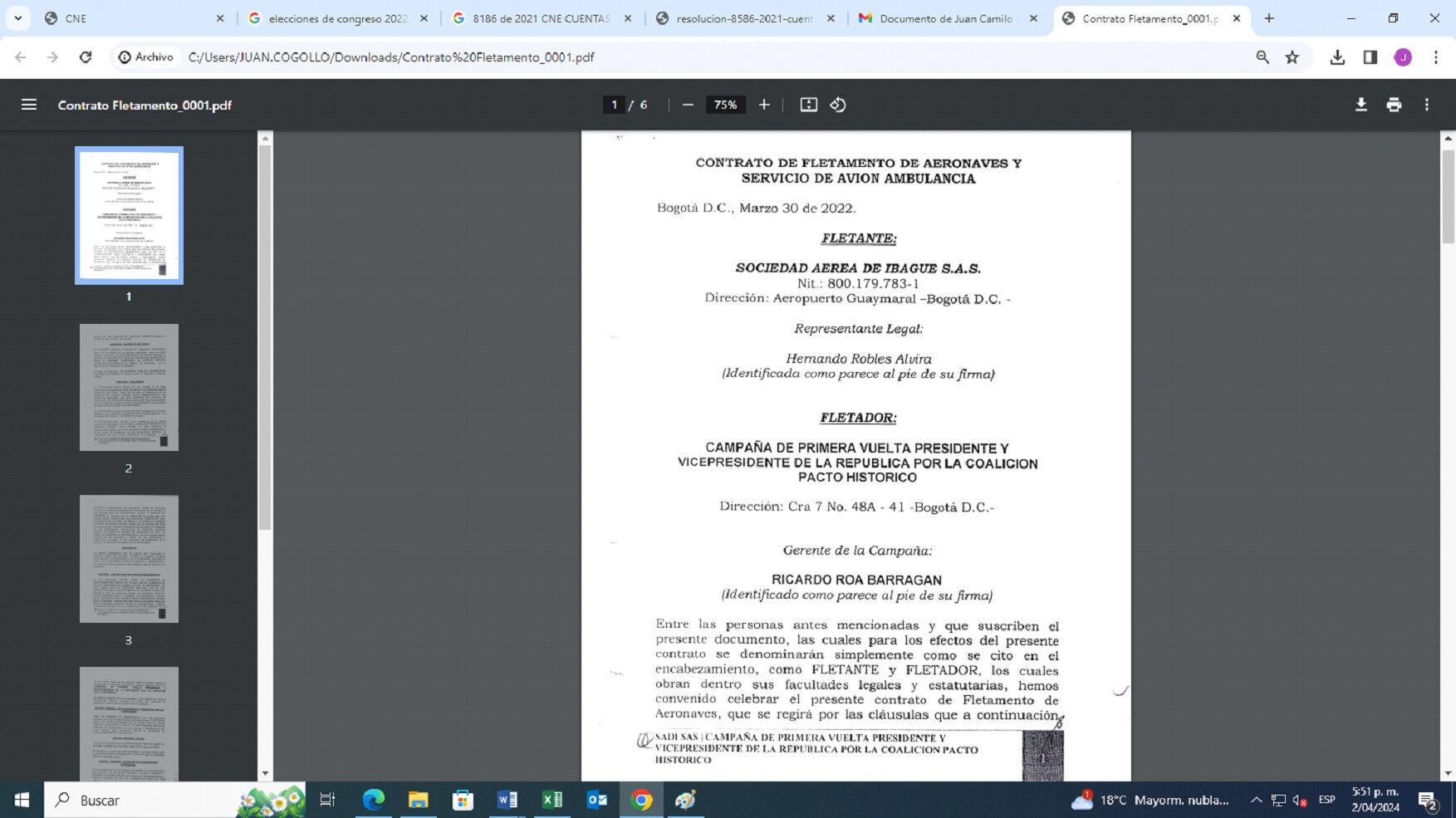 Este es el contrato de la campaña Petro Presidente con la Sadi para la prestación del servicio de horas de vuelo. Este documento hace parte del expediente del CNE.