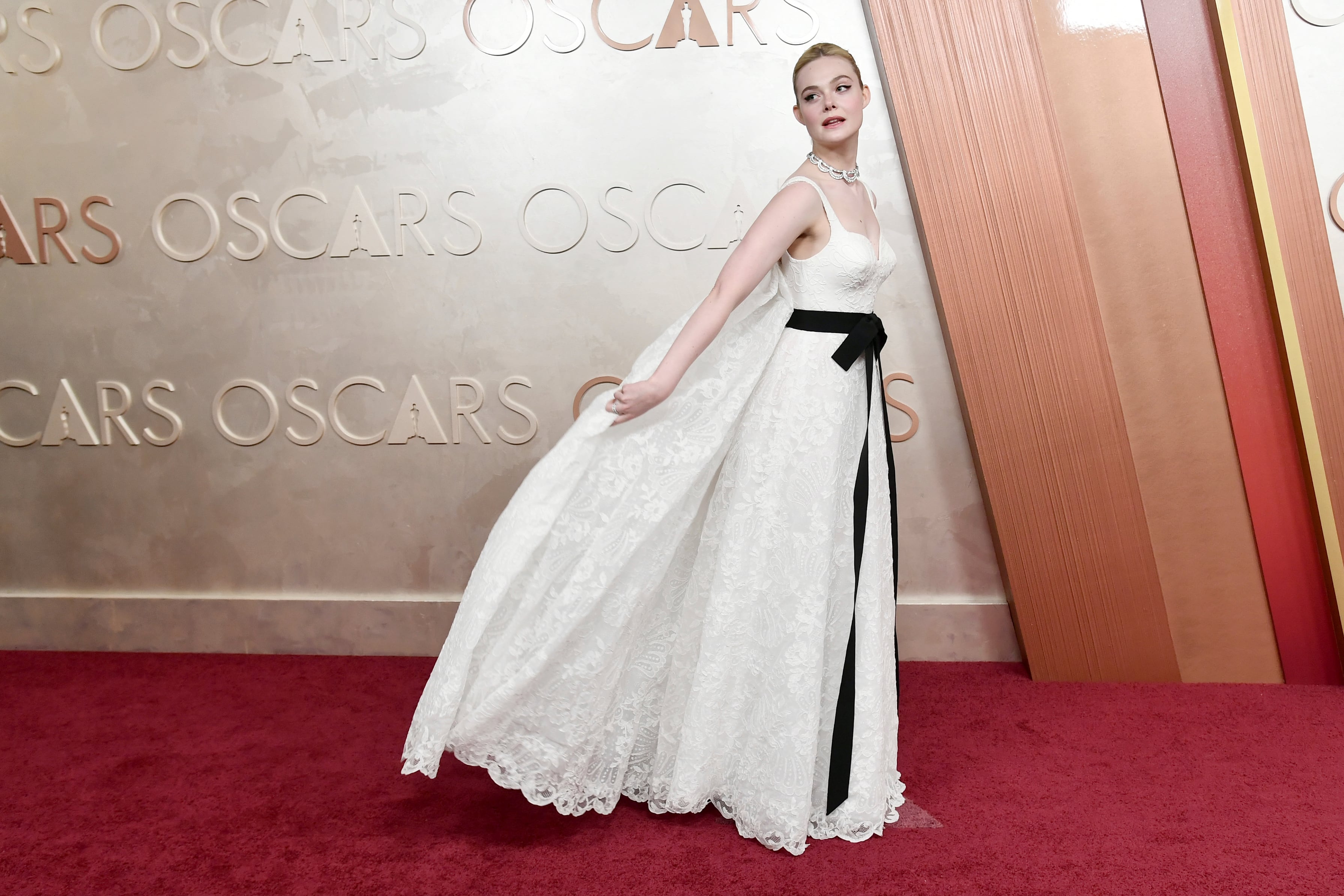 Elle Fanning arrives at the Oscars on Sunday, March 2, 2025, at the Dolby Theatre in Los Angeles. (Photo by Richard Shotwell/Invision/AP)