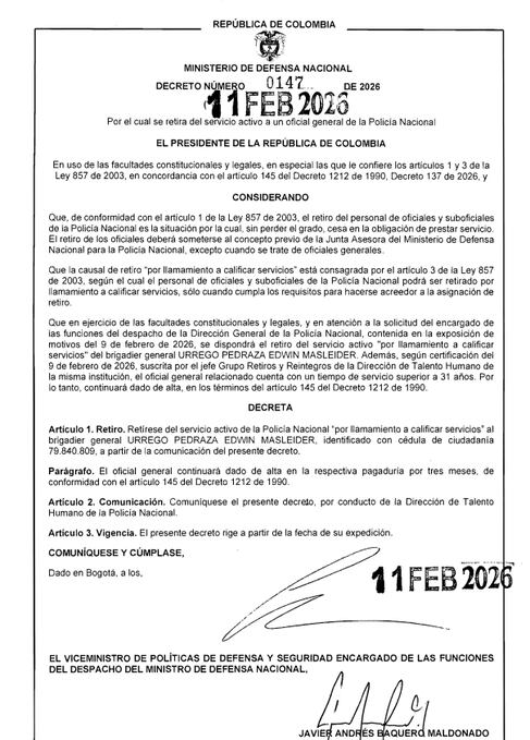 Decreto del presidente Gustavo Petro ordenando el retiro de un general de la Policía