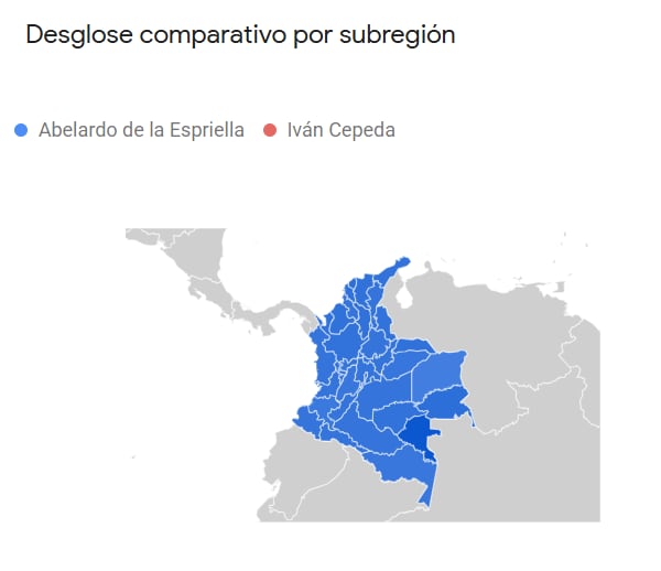 Mapa de Google Trends sobre las búsquedas de los candidatos a la presidencia, que domina totalmente Abelardo de la Espriella.