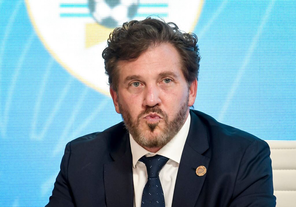 EZEIZA, ARGENTINA - FEBRUARY 07: President of CONMEBOL Alejandro Domínguez gestures during a press conference to officially announce Argentina, Chile, Paraguay and Uruguay joint candidacy for FIFA 2030 World Cup at Julio H. Grondona Training Camp on February 7, 2023 in Ezeiza, Argentina. (Photo by Marcelo Endelli/Getty Images)
