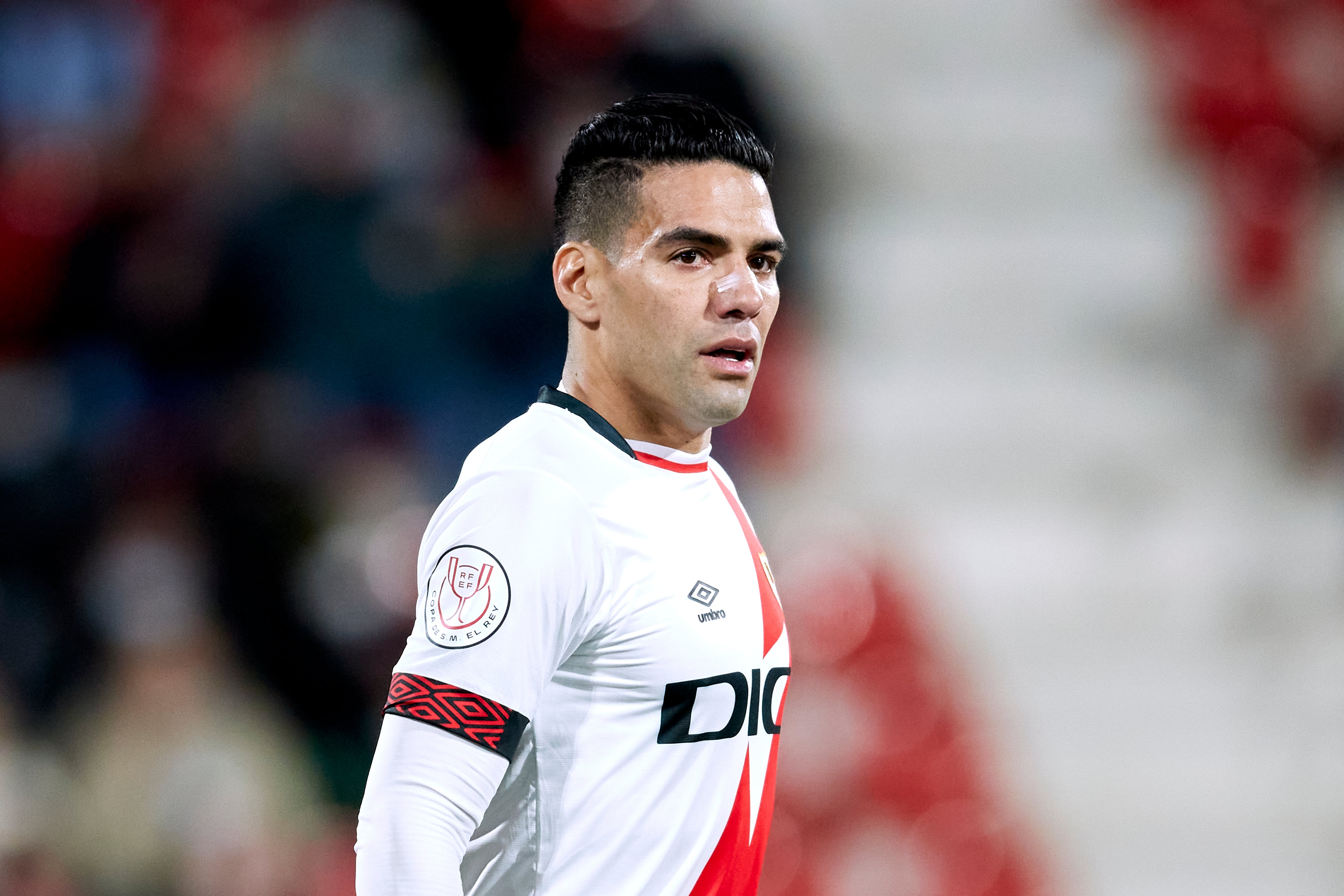 MIRANDA DE EBRO, SPAIN - JANUARY 05: Radamel Falcao of Rayo Vallecano looks on during the round of 32 of the Copa del Rey match between CD Mirandes and Rayo Vallecano at Municipal de Anduva on January 05, 2022 in Miranda de Ebro, Spain. (Photo by Ion Alcoba/Quality Sport Images/Getty Images)