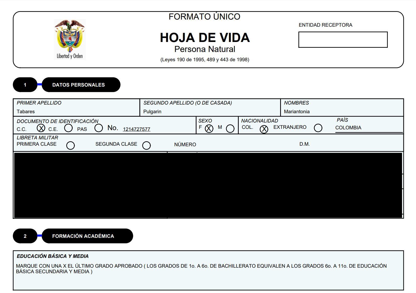 Hoja de vida Secop María Antonia Tabares.