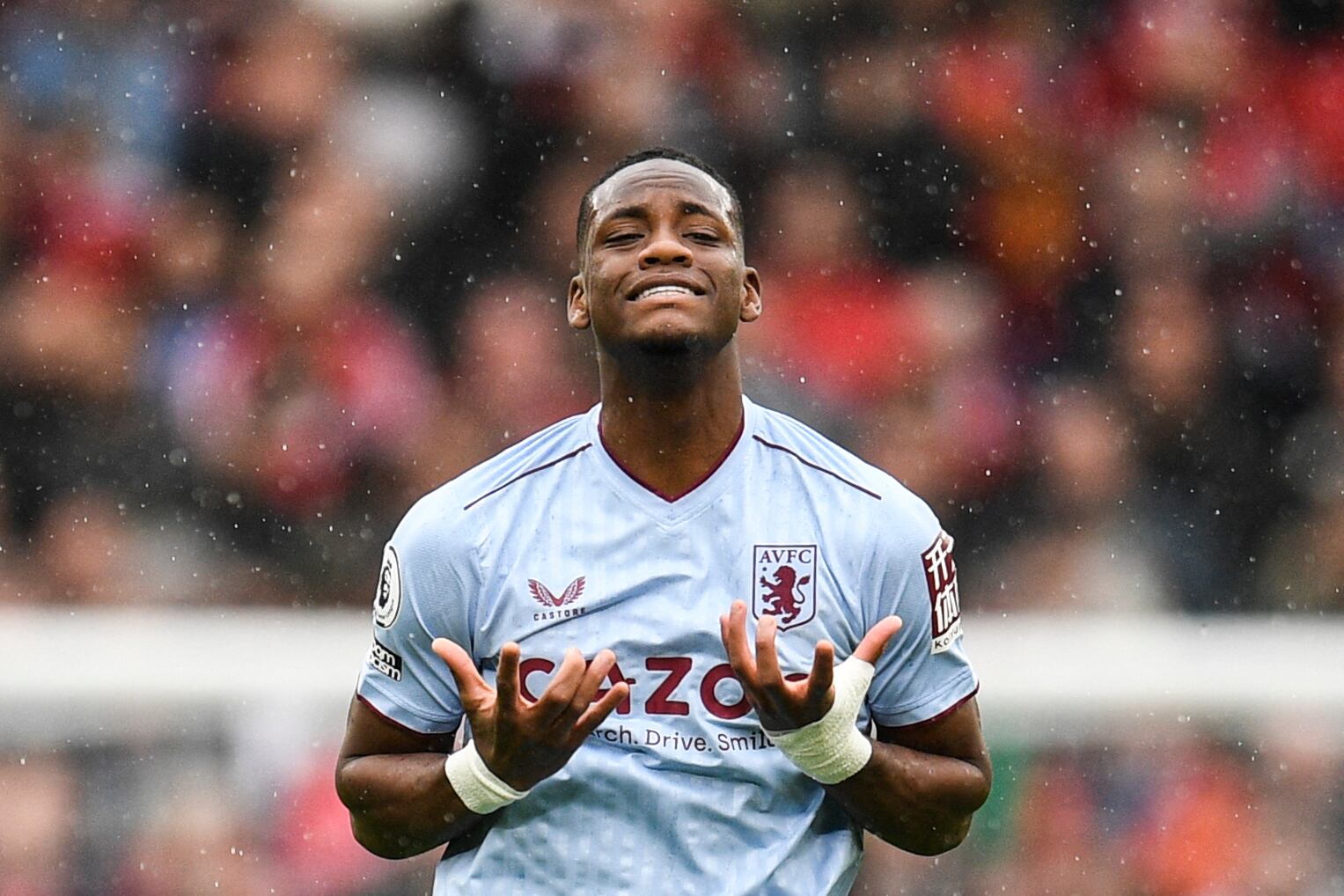 Aston Villa's Columbian striker Jhon Duran reacts during the English Premier League football match between Manchester United and Aston Villa at Old Trafford in Manchester, north west England, on April 30, 2023. (Photo by Oli SCARFF / AFP) / RESTRICTED TO EDITORIAL USE. No use with unauthorized audio, video, data, fixture lists, club/league logos or 'live' services. Online in-match use limited to 120 images. An additional 40 images may be used in extra time. No video emulation. Social media in-match use limited to 120 images. An additional 40 images may be used in extra time. No use in betting publications, games or single club/league/player publications. /
