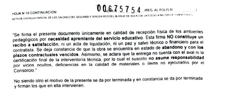En este documento se revela como se tuvo que ocupar una obra abandonada porque los alumnos militares estaban recibiendo clases en lugares no aptos.