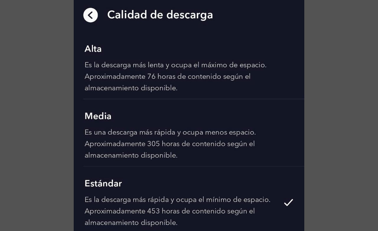 Disney+ permite ajustar la calidad de video de los contenidos que se pueden descargar.