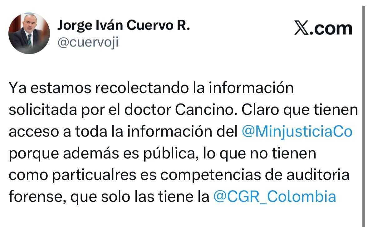 La reacción del ministro Jorge Iván Cuervo en su cuenta de X.