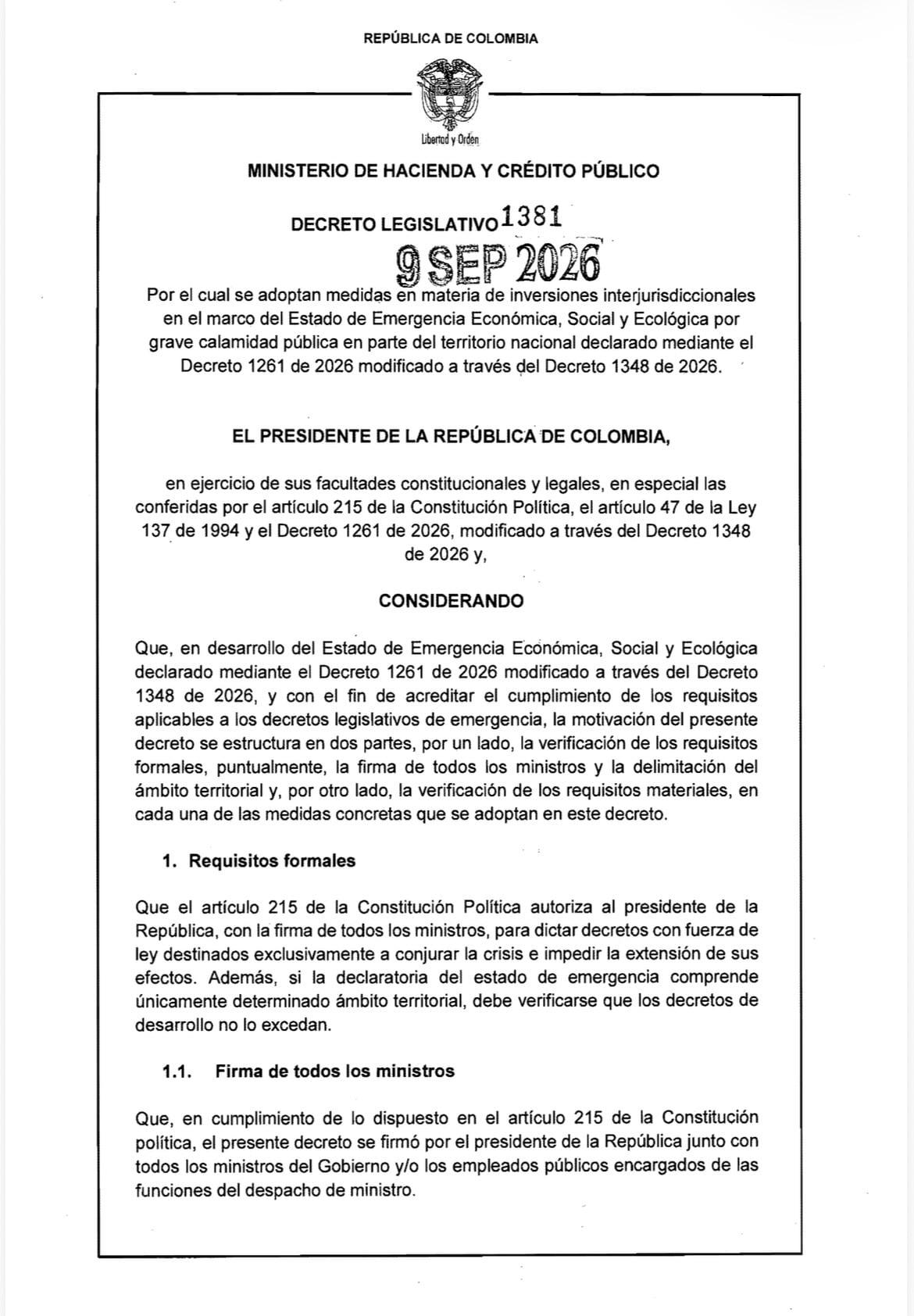 Decreto firmado por el presidente De La Espriella