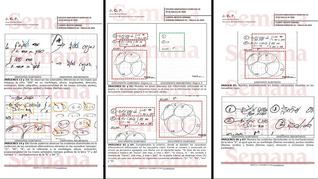 Fragmentos del informe grafológico realizado a las dos versiones de la agenda de alias Zeus, reveladas por SEMANA. Se comparan la página nueve de la original y la once de la alterada.