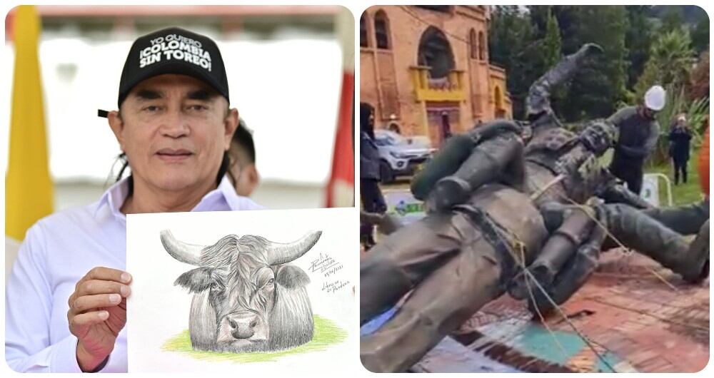 Gustavo Bolívar y la imagen de César Rincón que las autoridades tumbaron en Duitama, Boyacá.
