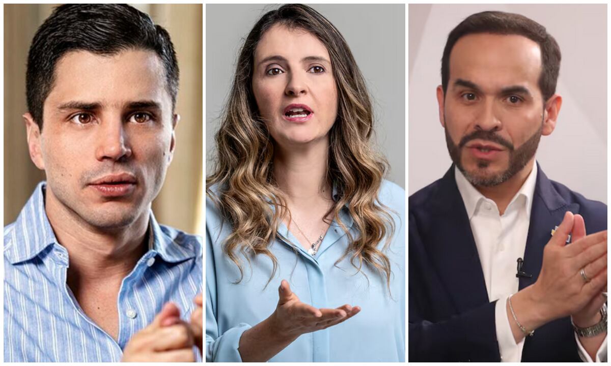 Tomás Uribe, hijo del expresidente Álvaro Uribe Vélez; Paloma Valencia y Abelardo de la Espriella, aspirantes presidenciales