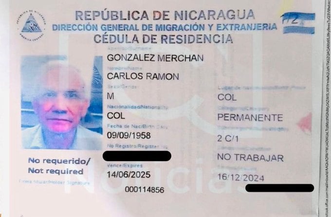 Documento que demuestra que Carlos Ramón González recibió la residencia en Nicaragua.