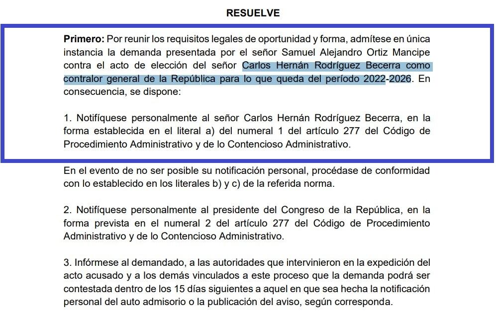 Consejo de Estado aceptó demanda contra la elección de Carlos Hernán Rodríguez Becerra.