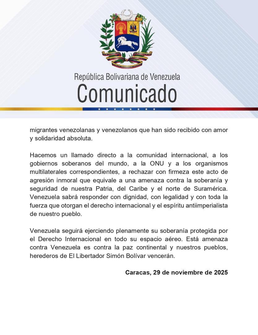En su mensaje final, Venezuela reiteró que ejercerá su soberanía aérea y alertó que la situación trasciende sus fronteras.